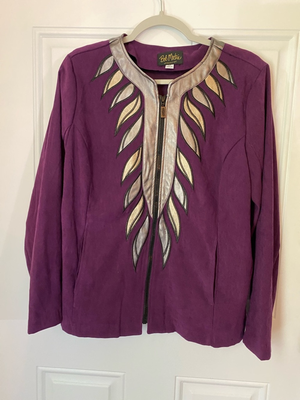 Bob Mackie Plum Suede-like Zip-Up Jacket with Metallic Leaf Inset